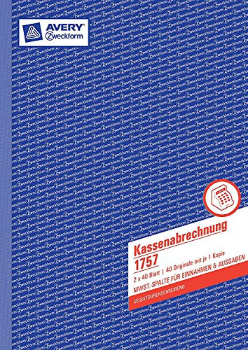 5er Pack Avery Zweckform 1757 Kassenabrechnung (A4, mit MwSt.-Spalte, 2x40 Blatt) weiß/gelb