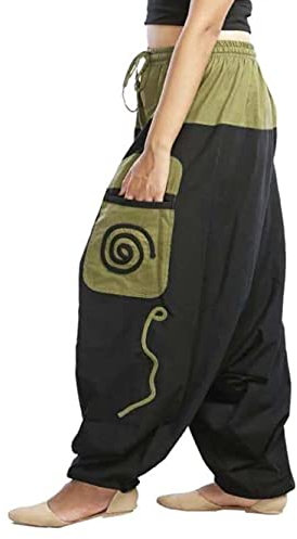 Simandra Haremshose I Schwarz-Grün (S-M) I Fair gehandelte Unisex Aladinhose mit Stickereien I Bequeme und vielseitig einsetzbare Pumphose I Baggy Hose I Handgemacht in Nepal