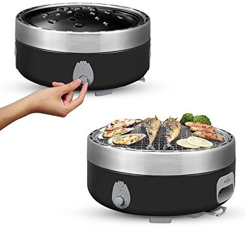 Freshore Portable Charcoal Outdoor Grill For Camping With Carrying Bag - Small Tabletop Smoke ＆ Smokeless Optional - Power Supplied By Battery Or Power Bank. (Luxury Black)