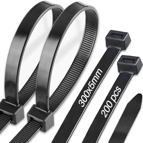 Caiery 200 unidades de bridas para cables profesionales 300 x 5 mm resistentes a la radiación UV soporte para cables Soporte de brida para cables en negro, resistente a temperatura
