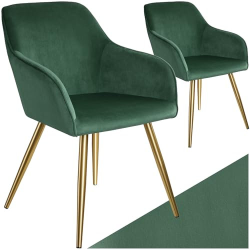 tectake® Esszimmerstühle mit Armlehne, Stuhl, Samt Polster Stühle, Möbel für Esstisch, Schminktisch, Wohnzimmer, Esszimmer, Arbeitszimmer, ergonomischer Dining Chair - dunkelgrün/Gold, 2er Set