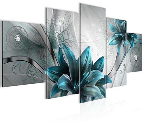 Runa Art - Tableau Lys De Fleurs 200 x 100 cm 5 Parties XXL Decoration Murale Dessin Bleu Gris 036851c