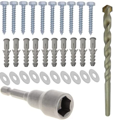 Inbrackets 10 Pack of M8 x 50mm Masonry Brick Wall Fixing Screw Bolts with Plugs & Washers for Aerial Satellite Sky Dish Tv Bracket Fence Mounting Includes 10mm Drill Bit & Hex Nut Driver