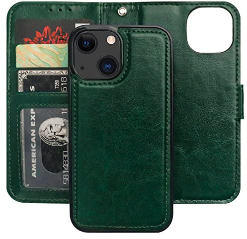 Bocasal Detachable Wallet Case for iPhone 13 Mini RFID Blocking Card Slots Holder Premium PU Leather Magnetic Kickstand Shockproof Wrist Strap Removable Flip Protective Cover 5G 5.4 inch (Green)