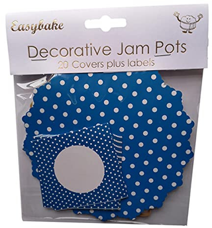 20 White Polka Dots on Blue Jam Pot Covers, Wax Discs, Rubber Bands and Self-Adhesive Labels