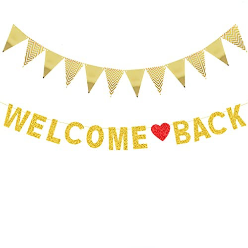 Ohaoduo Willkommen zurück Banner & Dreieck Flagge Banner gold - Schulstart, 12 cm x 13 cm, Gold
