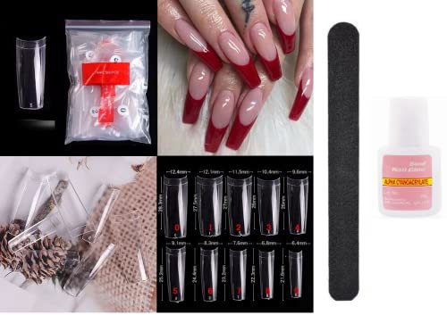 500 x False Artificial French Nail Kit Coffin, Ballerina Pointy Nail Art Acrylic Tips + Glue 10g + Nail File Nail extension Kit White Clear Natural fake nails with glue (KIT 07 CLEAR TIPS)