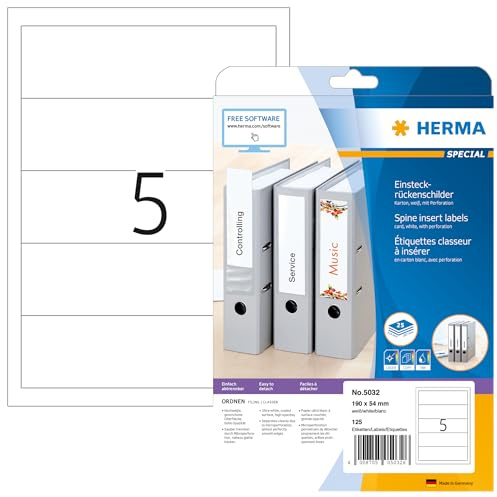 HERMA 5032 Einsteckrückenschilder für Ordner perforiert kurz breit, 800 Blatt, 190 x 54 mm, 5 pro A4 Bogen, 4000 Stück, bedruckbar, matt, blanko Karton Einsteckschilder Rückenschilder, weiß