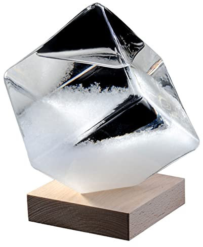 Station Météo en Verre Tempête Bouteille de Prévisions Météo à Cristaux en Forme Cubique, Tempête Baromètres de Verre avec Socle en Bois Convient pour le Bureau à Domicile (transparent)