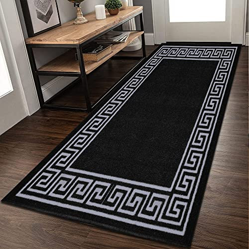 Door Mats Indoor Non Slip Mat Carpet Runners for Hallways Geometrical Border Low Profile Washable Runner Rug for Kitchen, Front Door Hall Hallways Living Room (66 x 220 cm, Dark Grey Cream)