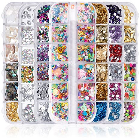 7 Boxen Nail Art Strass Kit, Professionelle Strasssteine Nagel Dekorationssets mit Diamanten Kristalle Perlen Edelsteine Bunt Gemischt Pferdeaugen Metall Nieten für DIY Dekoration