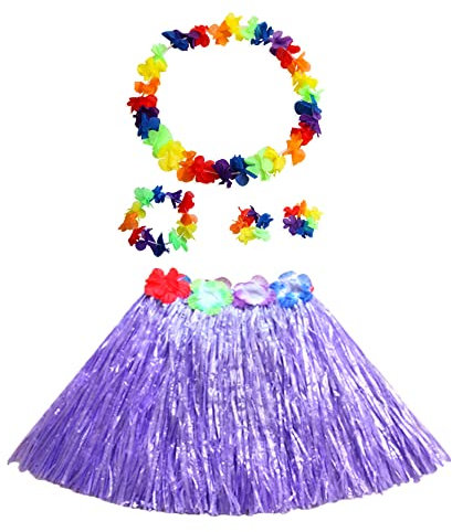 duoyif Jupe Hula Hawaïen, Fête Herbe Hula Jupe avec Fleur Collier, Jupes en Herbe hawaïenne Leis pour Carnaval Summer Party Plage Pom-Pom Girls Halloween Anniversaires Tiki Déguisement, 40cm (Violet)