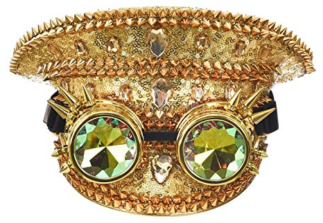 Bslingerie Halloween Steampunk Cosplay Pailletten Hut Rave Party Festival Kapitän Kopfbedeckung mit Brille, gold, One size