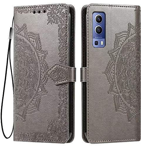 HONLEN Coque pour Vivo Y52 5G / Vivo Y72 5G Etui, (6.58 inches) Premium PU Cuir Portefeuille Magnétique Flip Case, 3 Porte-Cartes en Béquille Cover Gris