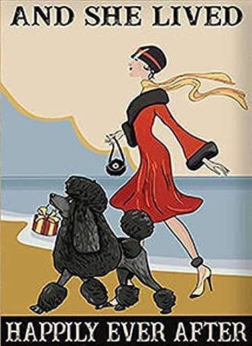 Buywell Simpatico cartello in metallo con cane barboncino e lei viveva felici e contenti dopo la decorazione poster da parete in latta con cartello in metallo, 20 x 30 cm