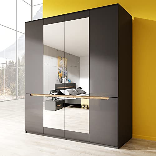 Lomadox Schlafzimmer Kleiderschrank mit 4 Türen in anthrazit mit anthrazit Hochglanz und Appenzeller Fichte Nb., B/H/T ca. 181/213/60 cm
