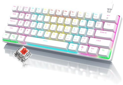 RAZEAK Tragbare 60 Prozent Tastatur, Kompakte 61 Tasten Mini Mechanische Tastatur für PC/Mac Gamer Umschaltbare Bunte Hintergrundbeleuchtung - Roter Schalter - Weiß