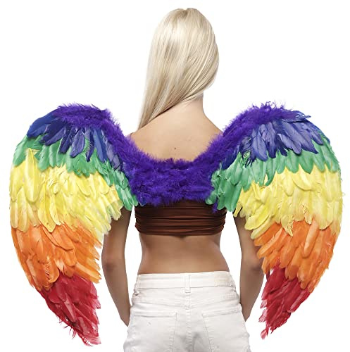 Alas de Ángel de Plumas de Arco Iris para Carnaval Halloween, Alas con Plumas Auténticas de Multicolor para Fiesta de Disfraces Orgullo (TL-45)