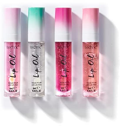 Technic Lip Oil Bundle - 4 Flavoured, Non Sticky, Hydrating Lip Oils With a High Shine Glossy Finish - Mixed Variety Multipack - Strawberry, Mint, Cherry, Orange
