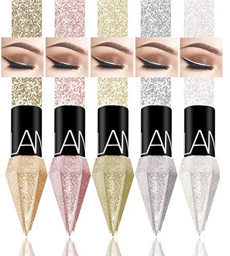 MTUVKGT Diamond Liquid Glitter Eyeshadow Eyeliner Set, 5 Farben Metallisch Flüssiger Glitzer Lidschatten, Lang Anhaltender Wasserfester Schimmernder Lidschatten, Funkelndes Augen Schminke (12L)