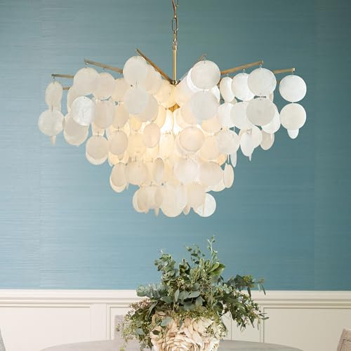 ALOADECOR 6-Light B 75CM Kegel Form 5-Tier-Kronleuchter Küste Capiz Muscheln Kronleuchter mit antiken Gold Metall für Esszimmer Wohnzimmer