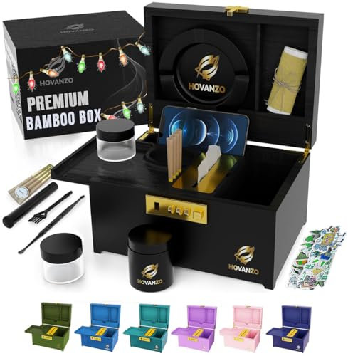 HOVANZO Caja de bambú grande de alta calidad, caja decorativa de almacenamiento con cerradura de combinación, caja de almacenamiento de madera con bandeja rodante, caja de almacenamiento de madera con