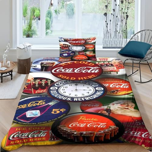 XILENY Coca - Cola 3D Gedruckter Für Kinder Mädchen Jungen Bettwäschegarnitur Bettbezug Set Weich Microfaser Bettwäsche Reissverschluss Und Kissenbezüge 2 Teilig Single(135x200cm)