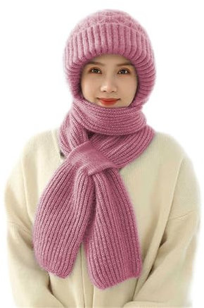 papasgix Integrierter Gehörschutz Winddichte Mütze Schal Set Damen, Kapuzenschal für Frauen Winter, 2 in 1 Maskenschal Strickmütze Damen Verdickter Warmer Einteiliger Hutschal(Pfirsich)