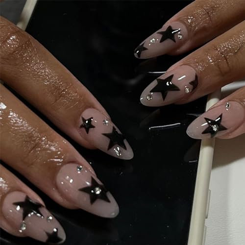 Angwis 24pcs Medium Almond False Nails Pink Stick on Nails Black Star Rhinestone Design Press on Nail Removable Glue on Acrylic Full Cover Fake Nail Art Accessories for Women Girls