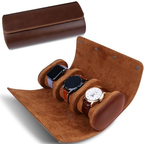 RoYiio 3 Slots Zylindrische Uhrenbox, Uhrenrolle Reisetasche Vintage Uhrengehäuse für Männer Frauen - Braun Upgrade-Version