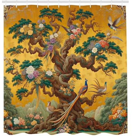 ABAKUHAUS Vintage Duschvorhang, Cartoon Szenario Ranken irdischen Baums mit blättriger floraler Pfauenzeichnung, Stoffliches Gewebe mit Haken, 175 x 200 cm, Ingwer Teal Mehrfarbig