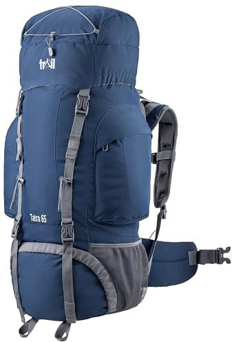Trail Tatra Hiking Backpack 65L, Trekking Hiking Walking Backpacking Backpack, Water Resistant Multi Pocket Bag, Padded Ventilated Adjustable Hip & Back System, Bungee Cord, USB/Headphone Port (Blue)