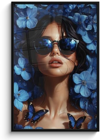 MuchoWow© Wandbilder mit Rahmen Wanddeko Bilder Wohnzimmer Moderne | 80x120 cm - Zimmerdeko Geschenk Bilderrahmen Frau - Blau - Blumen - Schmetterlinge - Natur