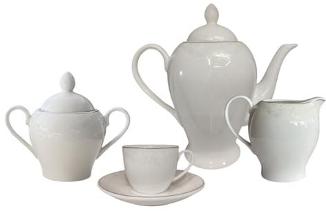 Kaffee-Set aus weißem Porzellan, 27-teilig für 12 Personen, mit Dekor Platin und Blumenschnitzerei