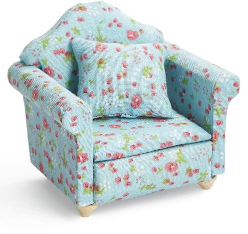 Odoria Puppenhaus Sessel Miniatur Sofa: 1/12 Maßstab Ohrensessel für Lesen Büro Wohnzimmer Rustikal Landhaus - Mini Relaxsessel Vintage Antik Möbel Mit Kissen Blumenmuster Blau