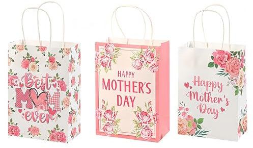 THXFUNAREA 3 Stück Muttertag Geschenktüten Set, große Geschenktüten mit Seidenpapier, Rosa Floral Papiertüten für Frauen und Mädchen, Geschenktaschen für Muttertag,21x15x8cm