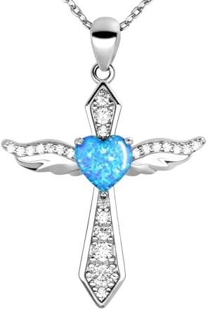 LOVANS Kreuz Kette Halskette Damen Sterling Silber 925 | Schutzengel Anhänger Schmuck für Weihnachten, Valentinstag und Ostern（5A Zirkonia/Opal）