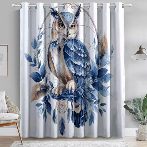 Blickdichte Vorhänge Für Schlafzimmer, Thermo Verdunklungsvorhänge H 230 X B 117 cm (2Er Pack), Schallschutz, Gardinen Mit Ösen, Bohemian Eule Traumfänger, Blau Braun