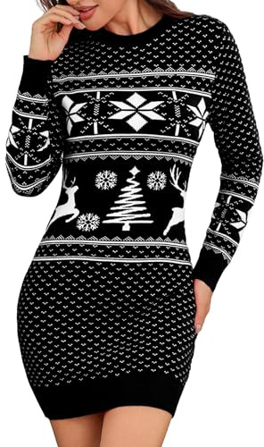 Irevial Weihnachtskleid Damen Rundhals Schneeflocken Strickkleid | Warm Weihnachtspullover, Langarm Pulloverkleid, Festlich winterkleid, Slim Fit, für Weihnachten Party Winter Freizeit