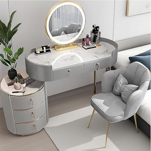 JIANRUI Schminktisch-Set mit rundem Spiegel - Frisiertisch mit einstellbarem Licht, Kosmetiktisch mit Schubladen und Stuhl für Schlafzimmer Schminktisch (Grau, 100cm)