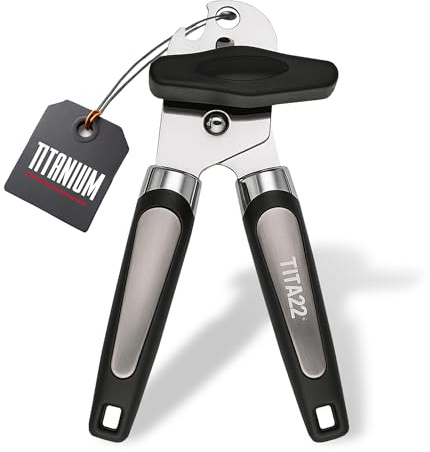 TITA22™ Titanium Coated Manual Tin Opener – Heavy Duty Stainless Steel with Titanium Coating, Ultra Sharp, Ergonomic Soft Grip Handles – Smooth Edge, Safe & Durable Kitchen Tool