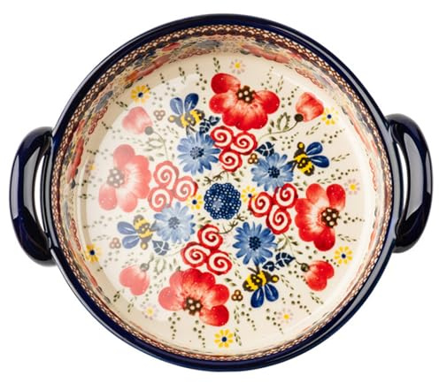 Baking Dish 950ml Round Heat-resistant Ceramic Oven Dish with Dual Handles Vintage Flower Print Non Slip Washable Casserole Bowl for Oven| Casserole