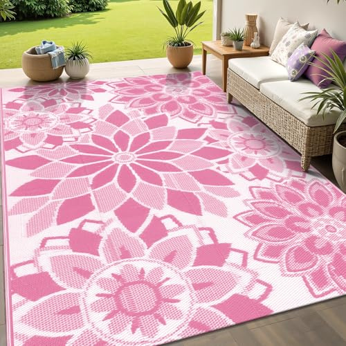 Enyhom Outdoor Teppich Wetterfest, Wendbarer Bodenmatte Kunststoff Terrassenteppich Außenteppich UV-beständige RV Camping Balkon Teppich für Patio Strand BBQ Picknick Deck (Rosa, 180 x 270 cm)