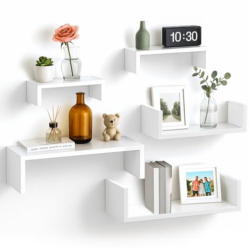 Floating Shelves Set of 5, Wall Mounted U-Shape Display Wall Shelves for Decor, 12cm Wide MDF White Storage Shelf Unit for Bedroom, Living room, Bathroom, Kitchen, Invisible Book Shelving (White)