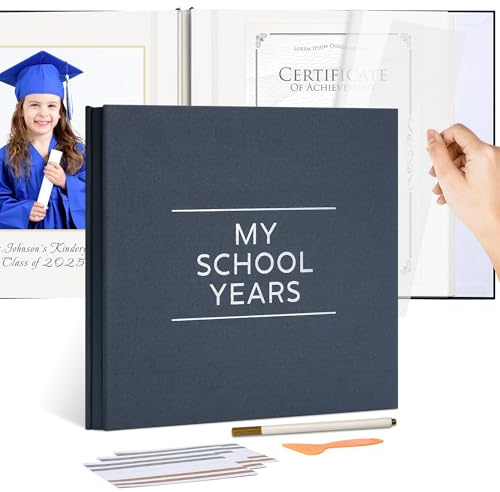 Hiwhy School Years Memory Book for Kids – Self Adhesive Photo Album 12x12 Inch, 40 Pages Linen Cover (Gray Blue) – School Picture Album with Marker & Corner Stickers, Childhood Keepsake Book