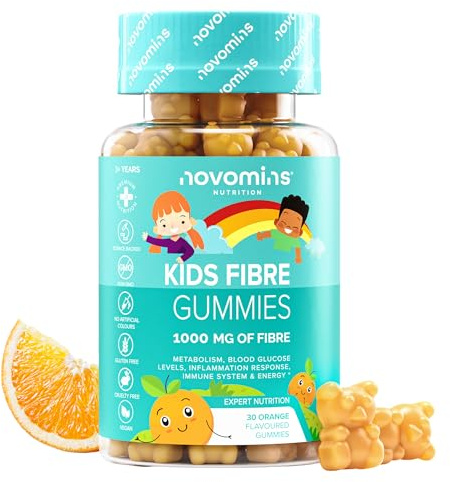 Fibra para Niños | 1000 mg de Inulina | 30 Gominolas | Vegano | Novomins | con Cromo, Calcio, Vitamina D y B12 | Suplemento con Inulina para la Salud Intestinal y Sistema Digestivo | Sin Gluten