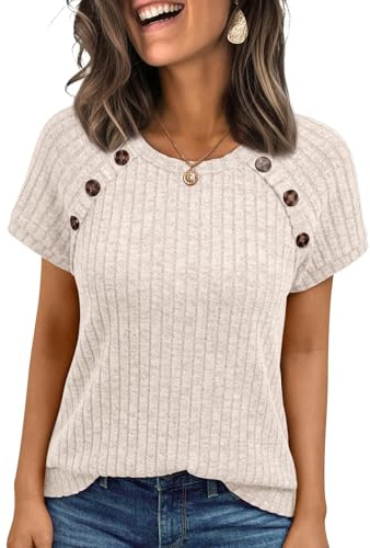AUTOMET Women's Short Sleeve Decorative Buttons Shirts Apricot L