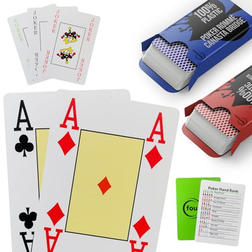 fouraces carte da gioco francesi, doppio mazzo in plastica lavabile, scorrimento fluido, simboli grandi, colori diversi per riconoscimento rapido, carta extra e 3 jolly inclusi