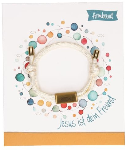 Hellbeiges Textilarmband mit goldfarbenem Fisch-Anhänger: Jesus ist dein Freund: Christlicher Schmuck zur Kommunion, Taufe oder Geburtstag. Kinderarmband in Geschenkverpackung