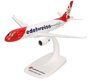 Herpa Snap-Fit Modellflugzeug Edelweiss Air Airbus A320, Miniatur im Maßstab 1:200, Sammlerstück, Modell mit Standfuß, Kunststoff, Weiß